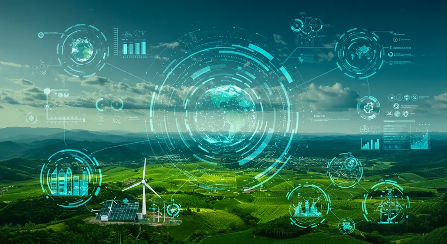 Conceptual image showing digital twin technology being used for sustainable development and environmental monitoring.